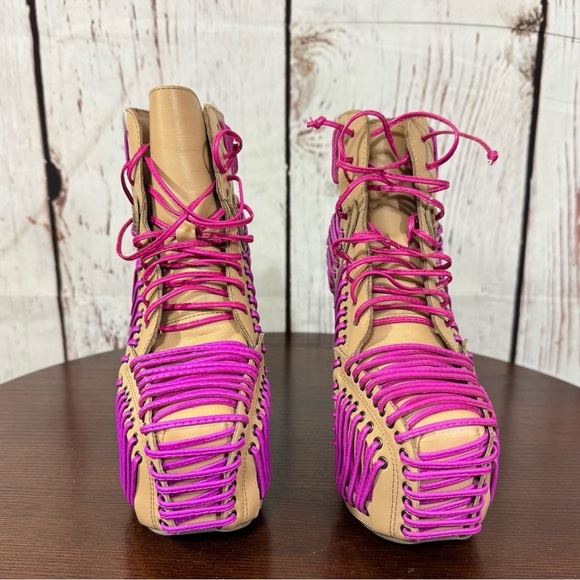 JEFFREY CAMPBELL LITA LACED in Neon Pink & Purple On Tan Leather Ankle Boots 6.5 - Picture 14 of 16